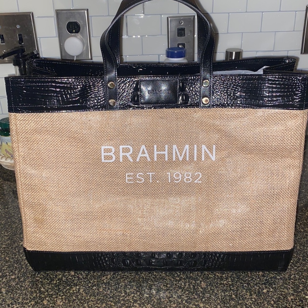 Brahmin 1982 burlap and leather tote